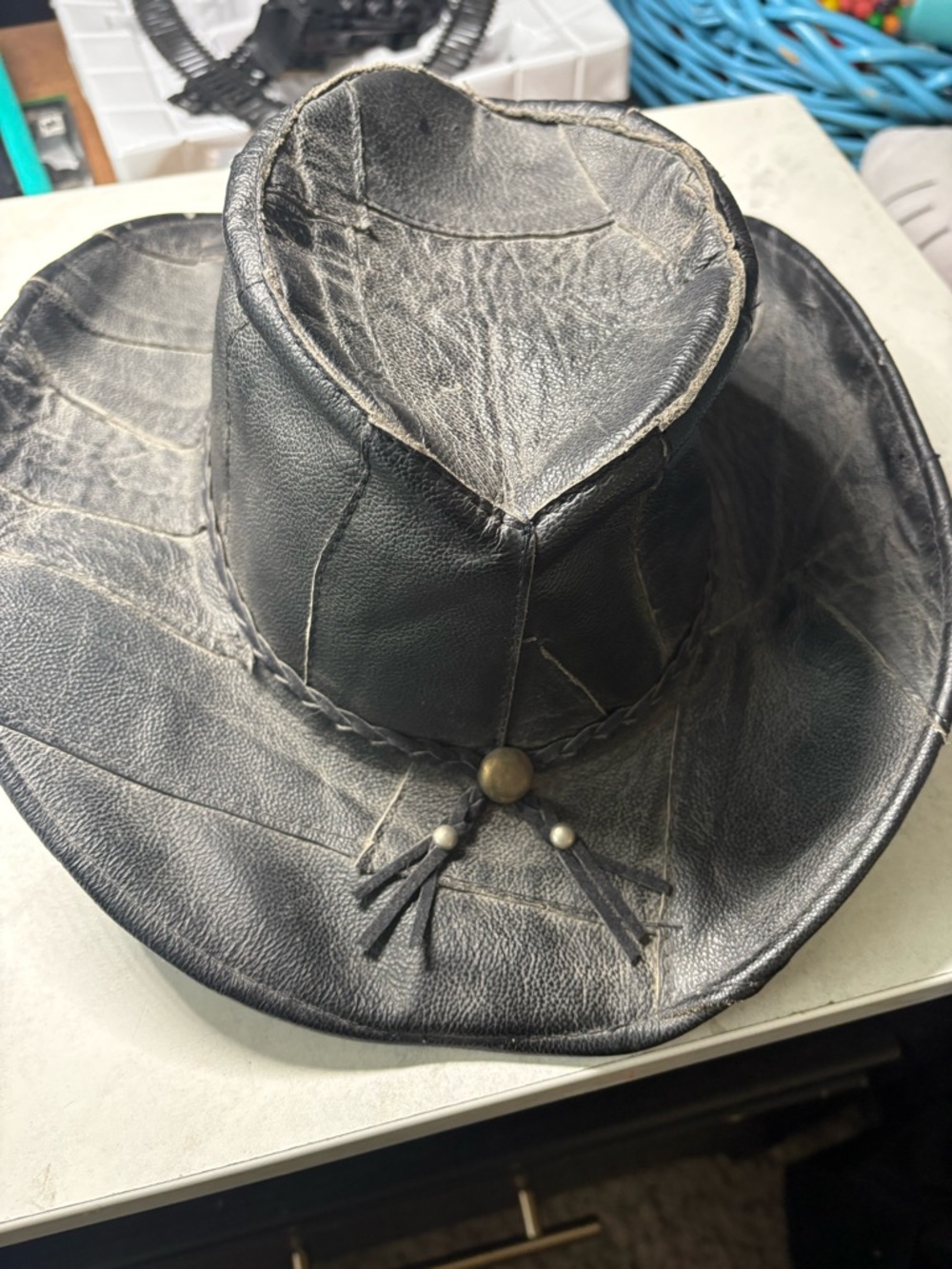 vintage leather patchwork cowboy hat made in Mexico
